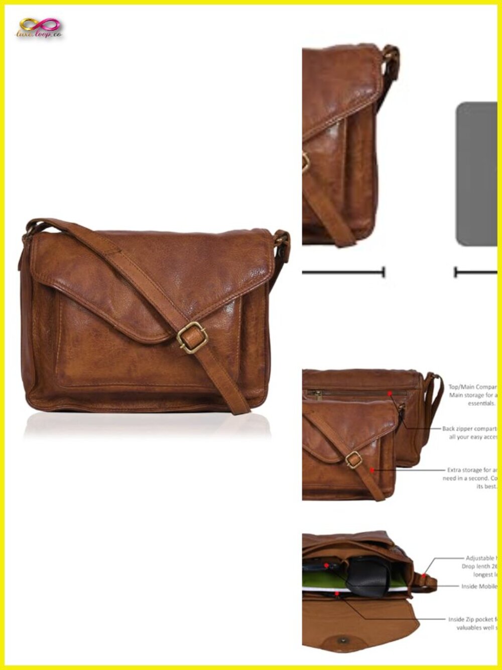 Genuine Leather Crossbody Handbag with Adjustable Strap and Overflap Snap